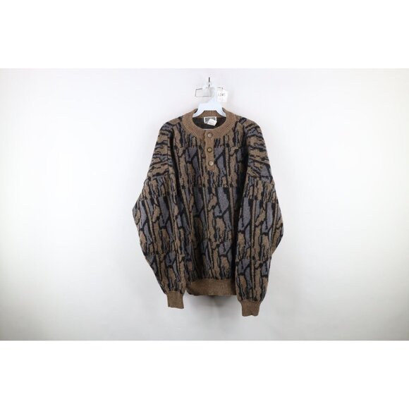 Vintage 80s 90s Streetwear Mens XL Wool Blend Knit Camouflage Henley Sweater
